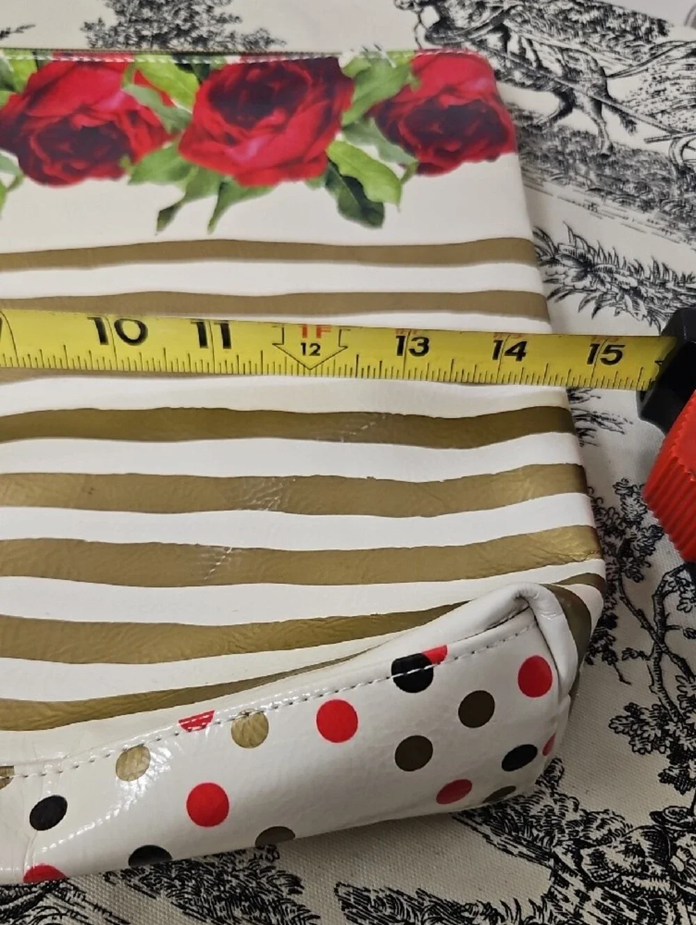 Gold Stripe Rose Print Cosmetic Pouch with Gold Tassel